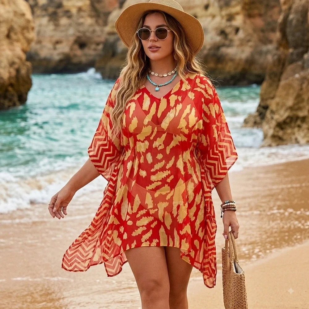 Chicos Red Abstract Animal Print Sheer Kaftan Swim Cover Up Boho Resortwear S/M